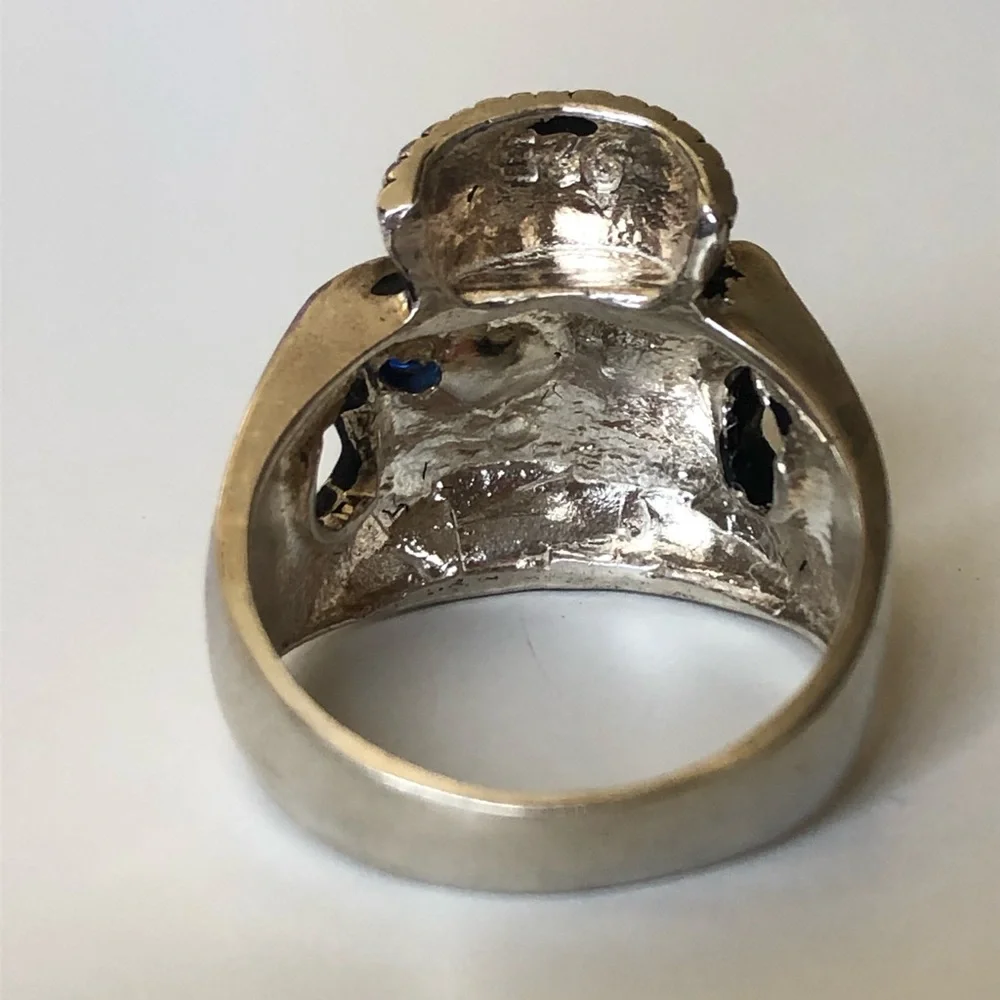 925 silver 11.25 size skull ring biker pirate blue cubic zirconia cz stones eye